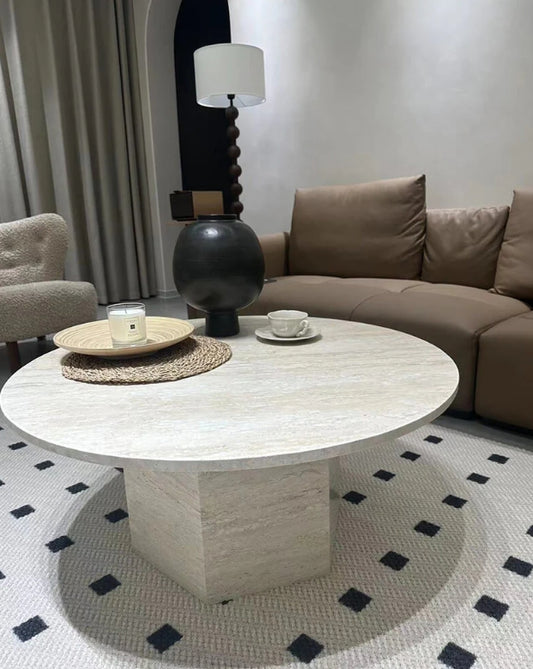 Exploring Travertine: Characteristics, Advantages, and a Case Study of the Natural Marble Neutral White Travertine Round Coffee Table