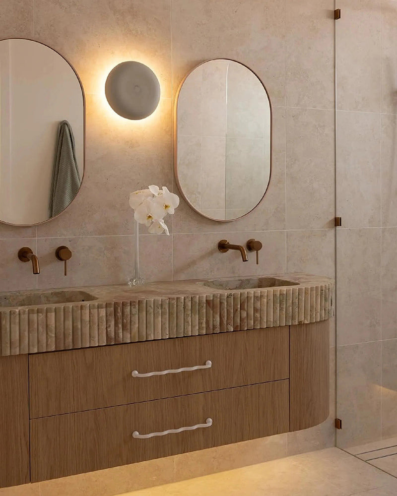 Luxury Breccia Aurora Marble Floating Double Sink Vanity with Petal Edge Countertop & Wave Handle Drawers