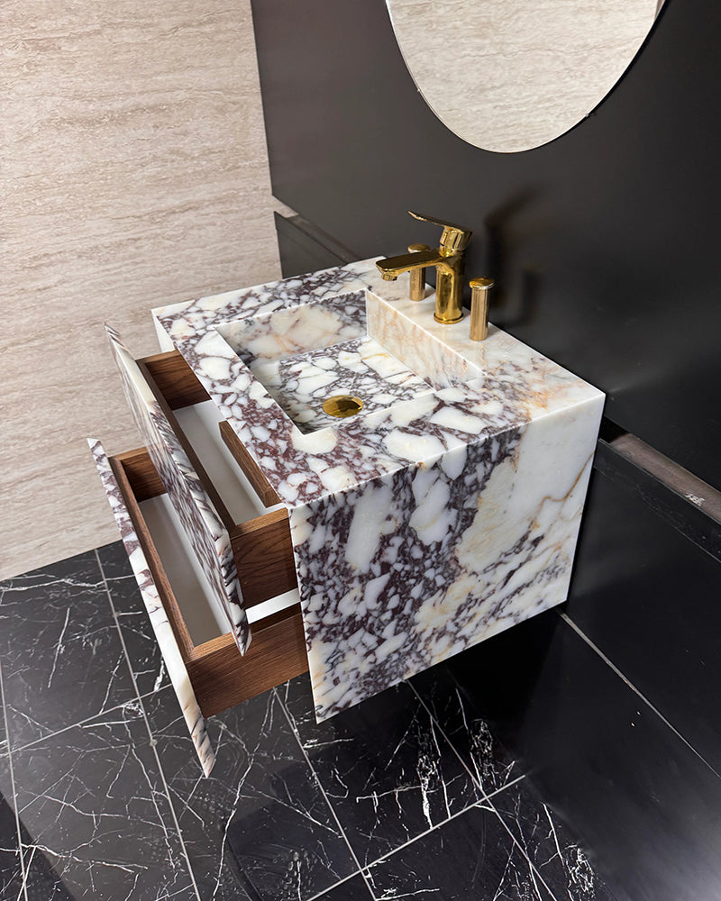 Luxury Calacatta Viola Marble Wall Mounted Bathroom Vanity with Integrated Sink and Double Storage Drawers