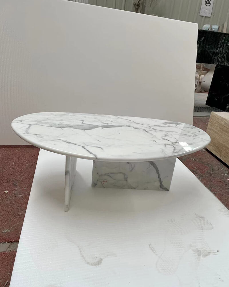 bianco statuario venato marble organic egg shape coffee table