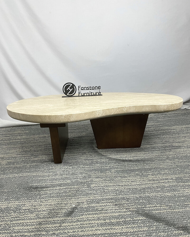 beige travertine coffee table - wooden base