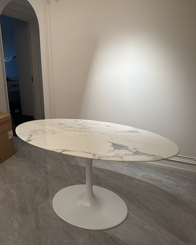 bianco statuario venato marble tulip dining table