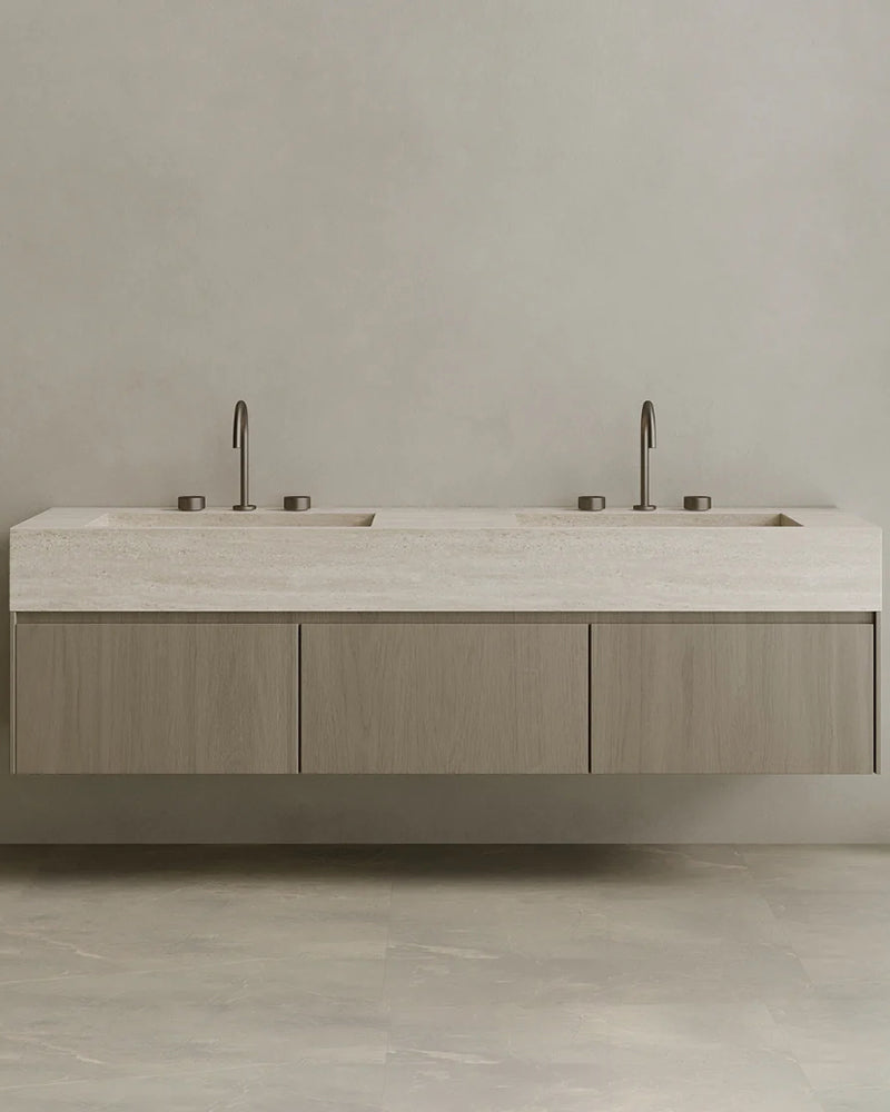 Floating Double Sink Bathroom Vanity with Natural Stone Countertop & Three Large Storage Drawers 210cm