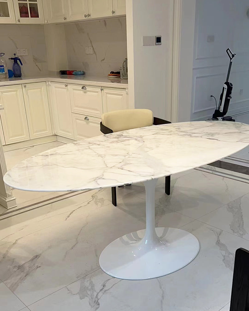 Banico Statuario Venato Marble Tulip Oval Dining Table