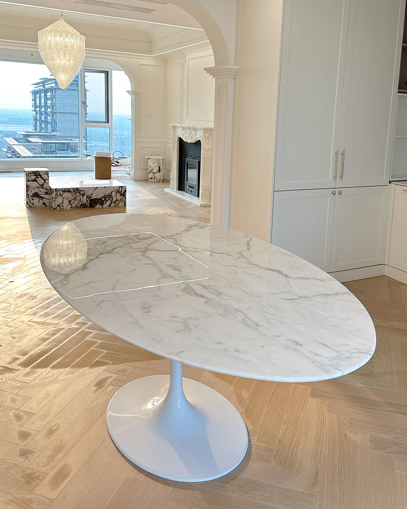 Banico Statuario Venato Marble Tulip Oval Dining Table