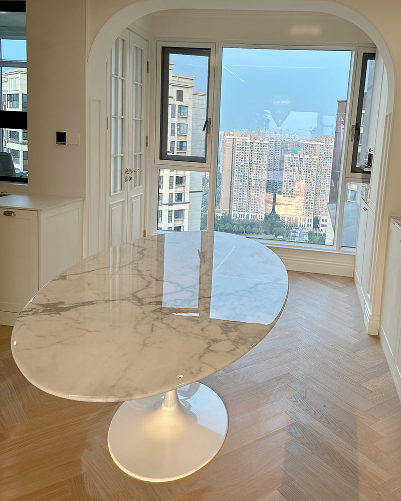 Banico Statuario Venato Marble Tulip Oval Dining Table