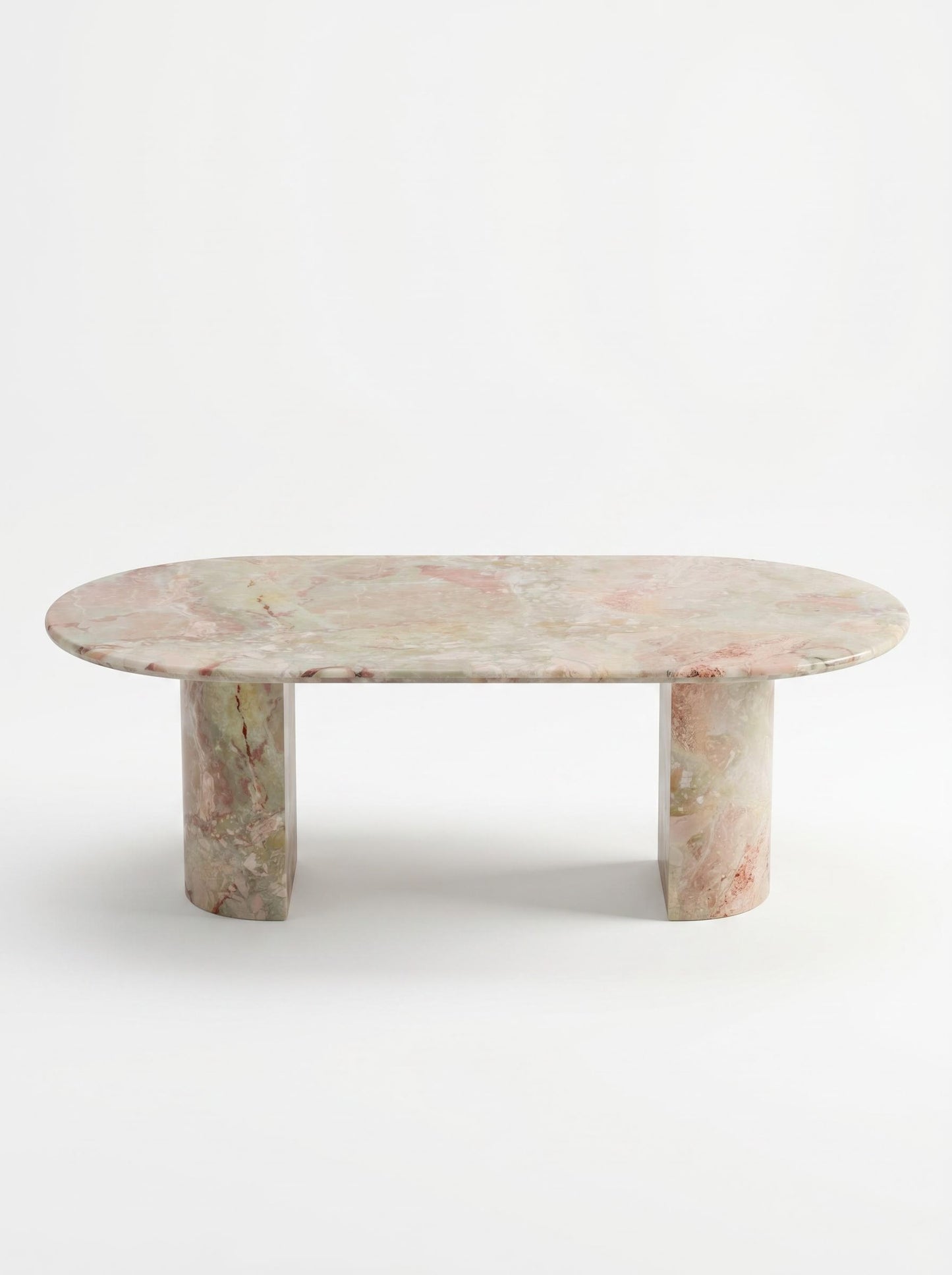 Natural Luxury Stone Oval Dining Table, One-Piece Solid Slab Cut, Unique Pink-Green Natural Veining, Sturdy Double Pedestal Base for Home Dining & Gatherings