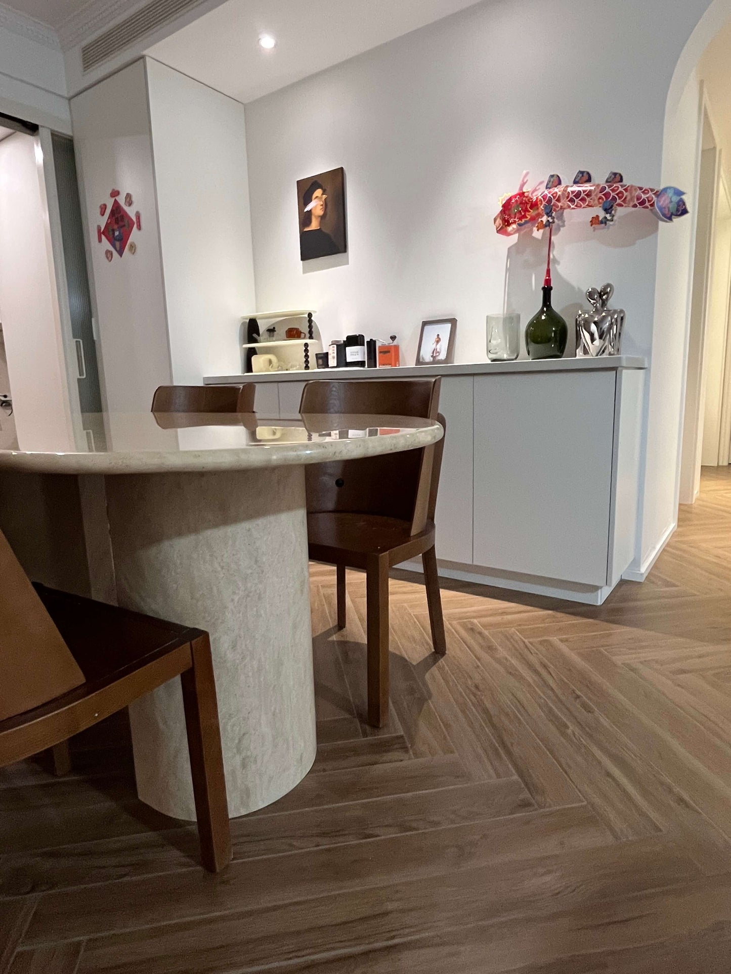 Natural Beige Travertine Crescent Dining Table