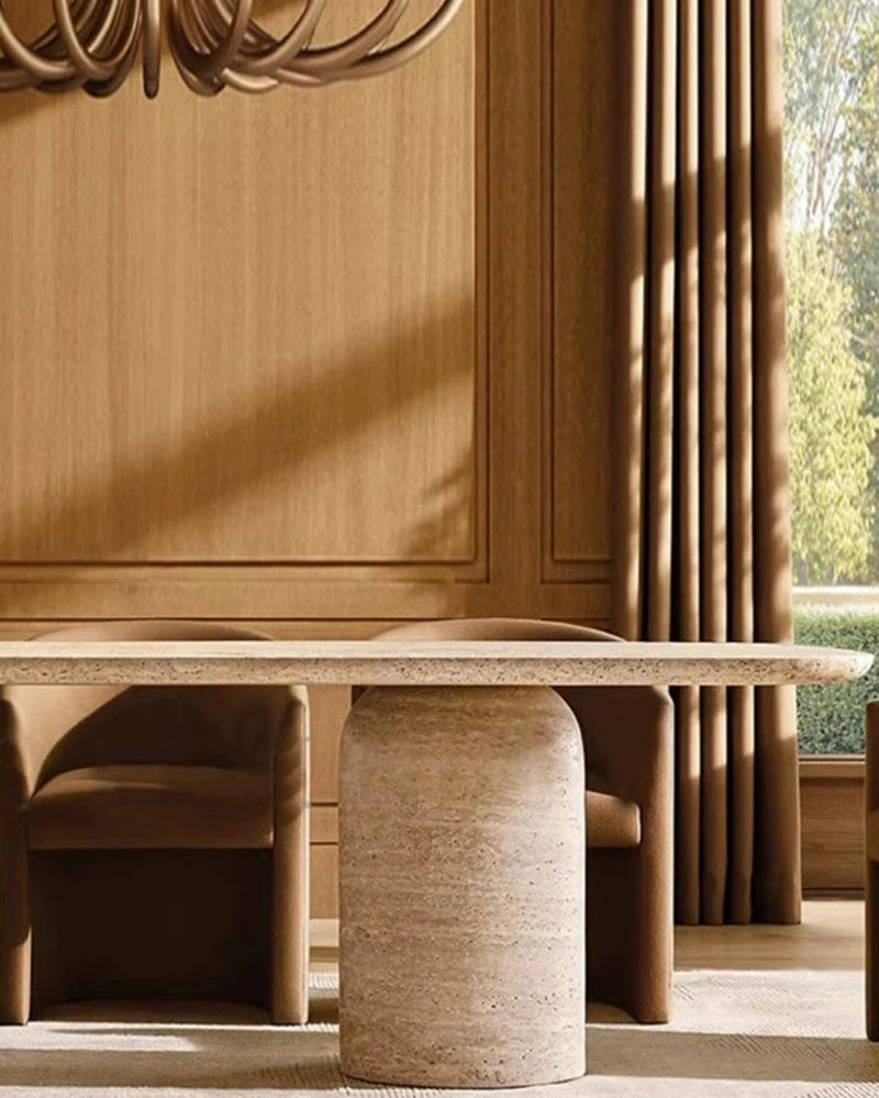 Natural Beige Travertine Double-Cylindrical Base Dining Table