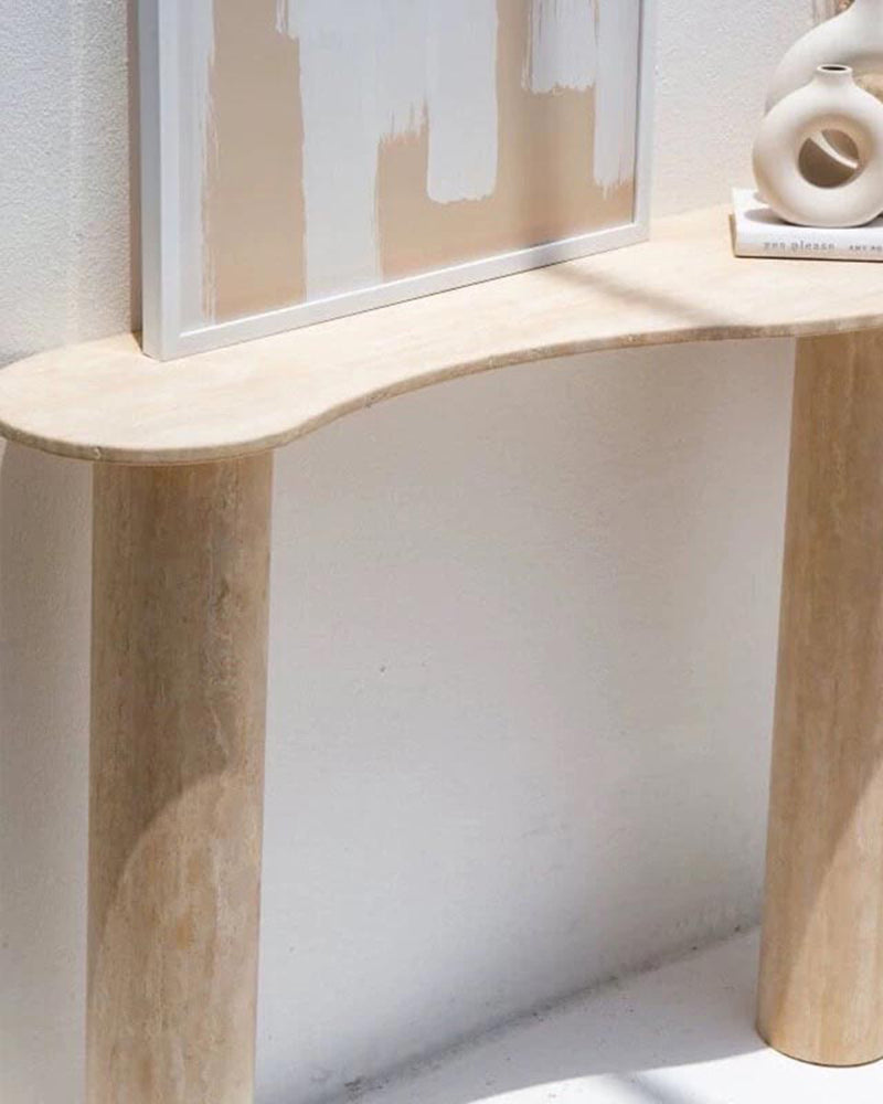 Natural Beige Travertine Wave Console Table - Block Base