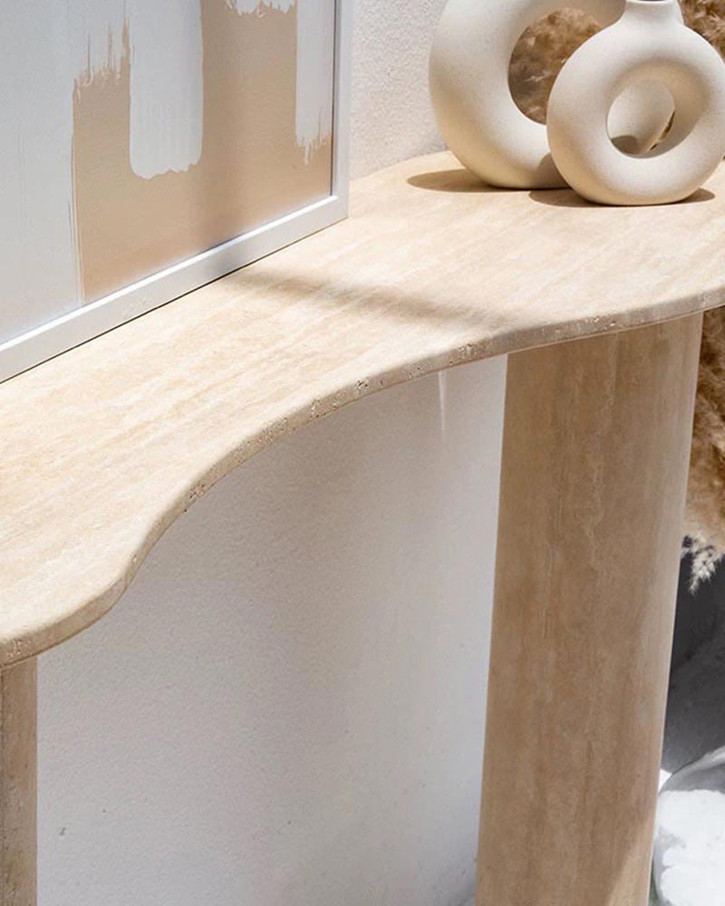 Natural Beige Travertine Wave Console Table - Block Base