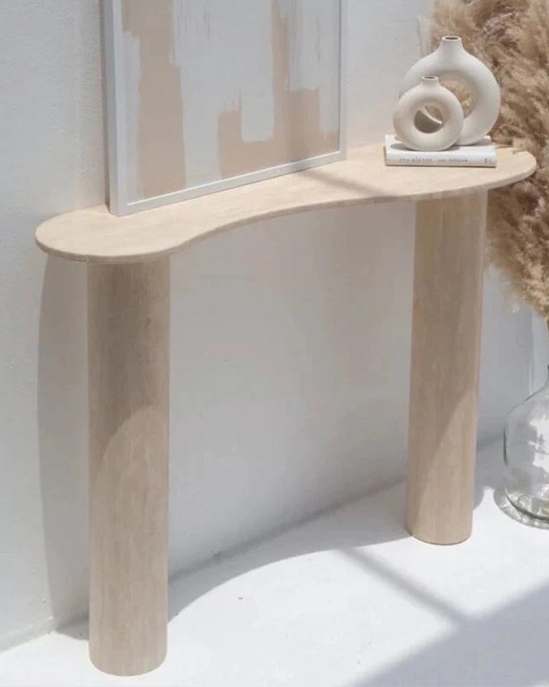 Natural Beige Travertine Wave Console Table - Block Base