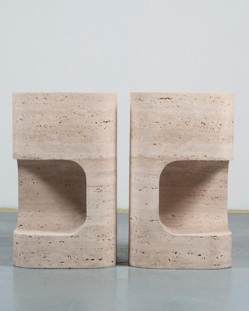 Natural Marble Beige Travertine Block Side Table