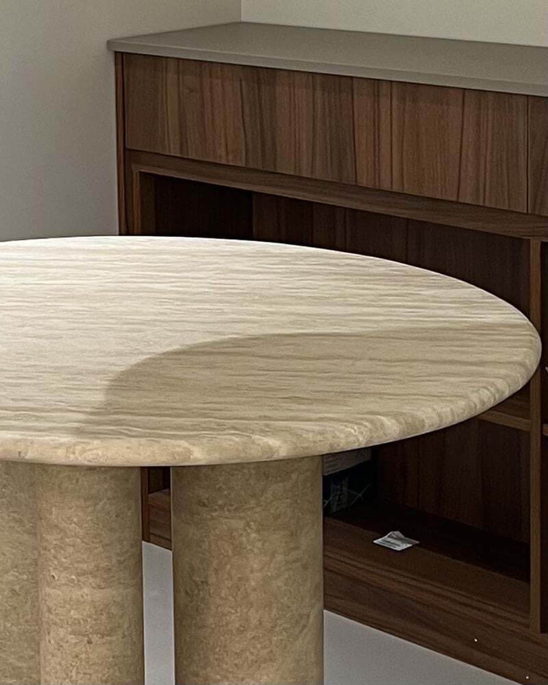 Natural Marble Beige Travertine Dining Table - Block Base
