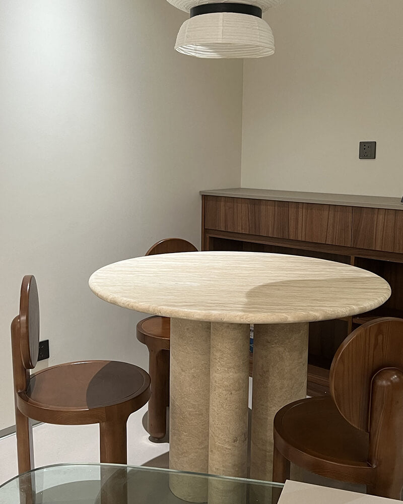 Natural Marble Beige Travertine Dining Table - Block Base