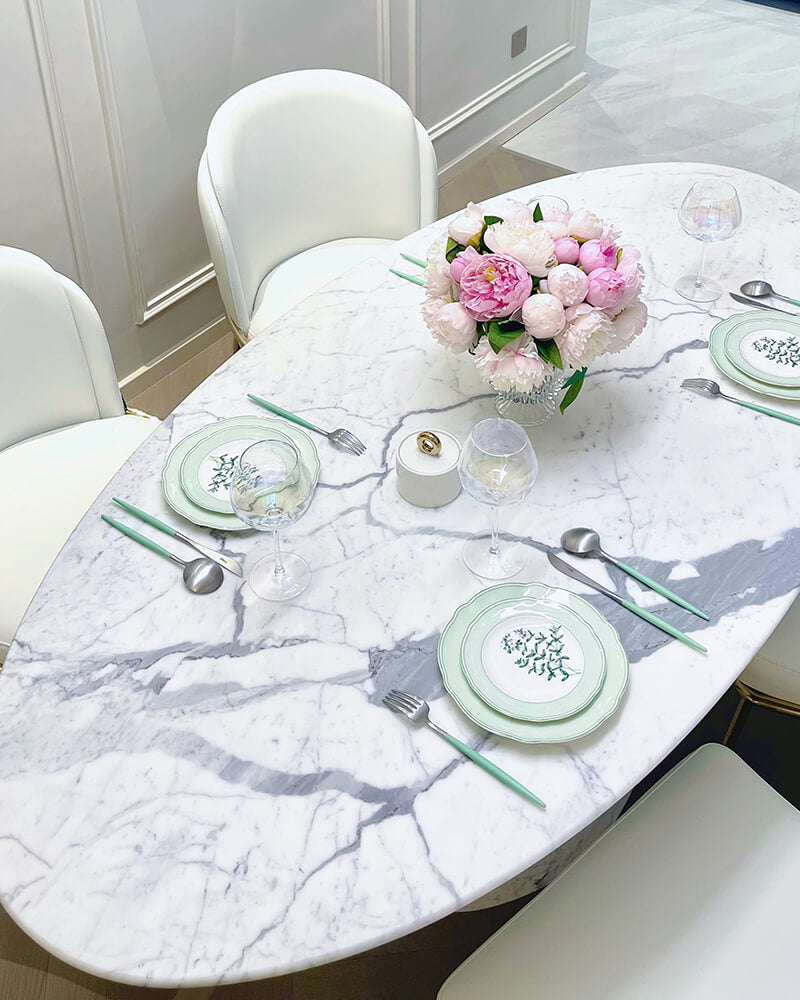 Natural Marble Bianco Statuario Venato Oval Dining Table