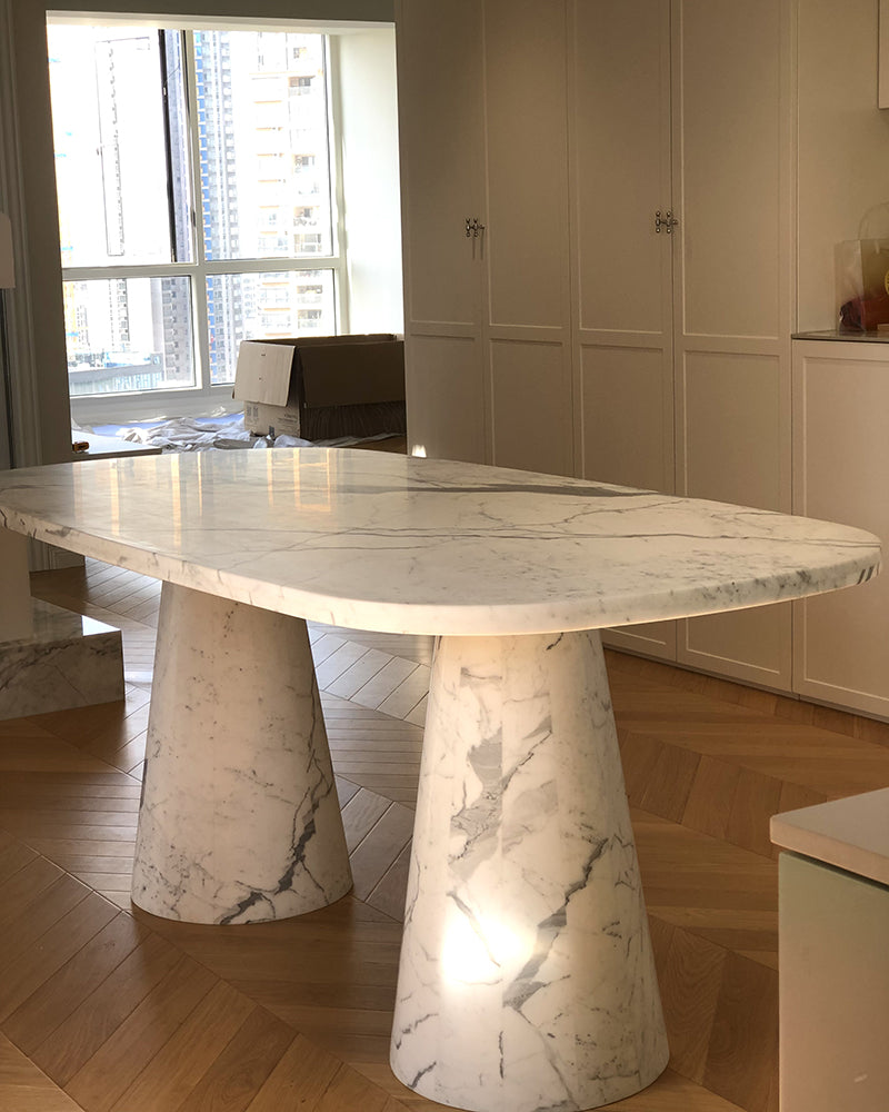 Natural Marble Bianco Statuario Venato Rounded Rectangle Dining Table