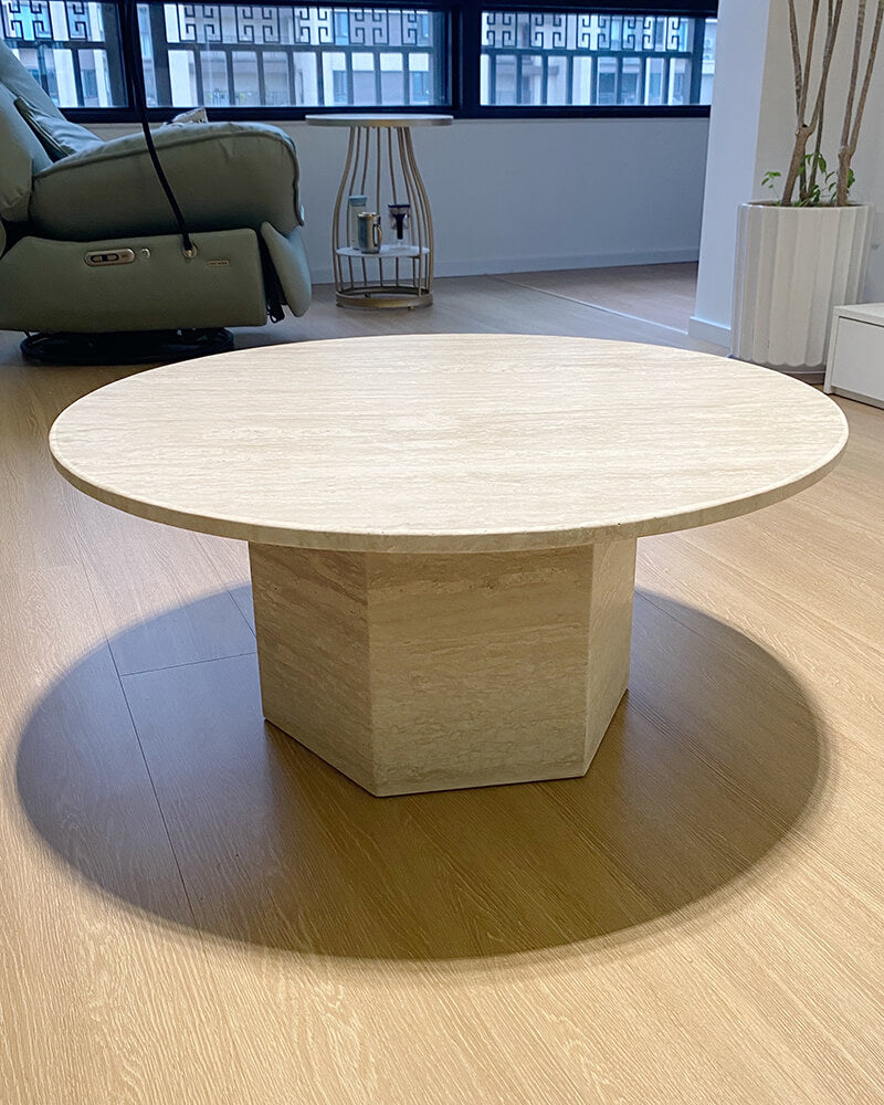 Natural Marble Neutral White Travertine Round Coffee Table
