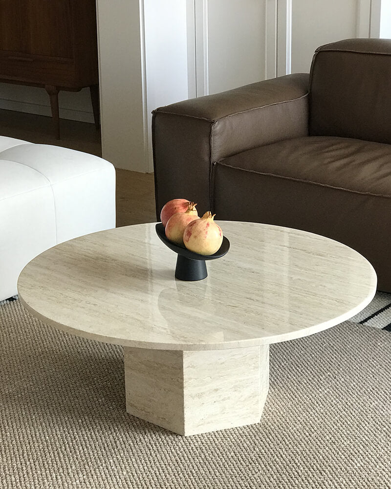 Natural Marble Neutral White Travertine Round Coffee Table