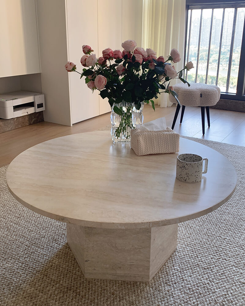 Natural Marble Neutral White Travertine Round Coffee Table