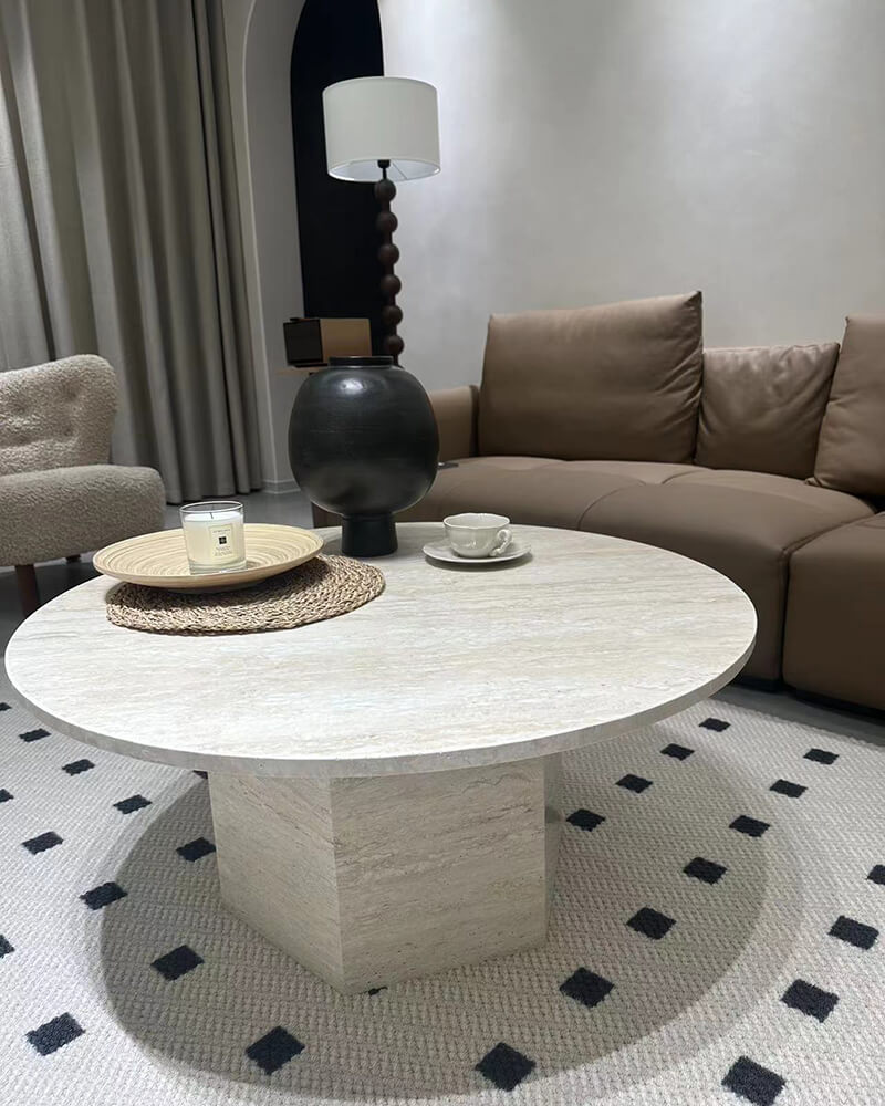 Natural Marble Neutral White Travertine Round Coffee Table