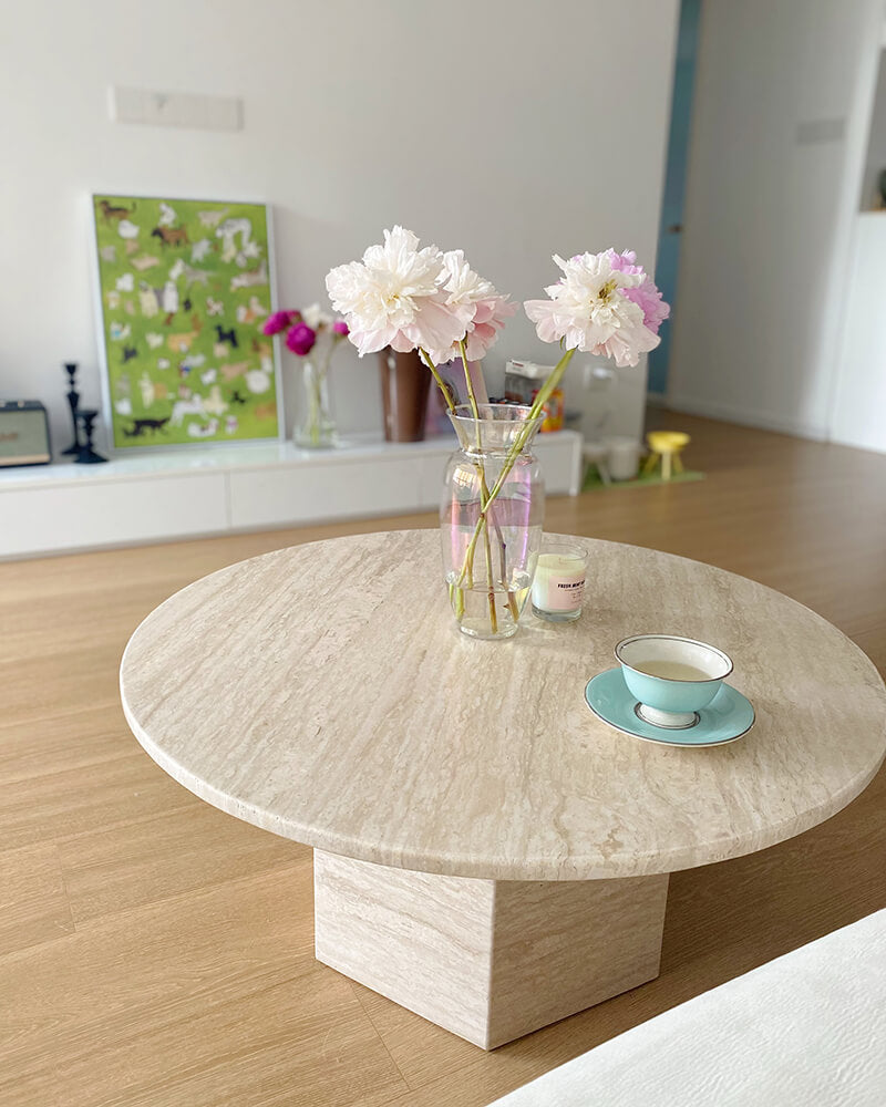 Natural Marble Neutral White Travertine Round Coffee Table