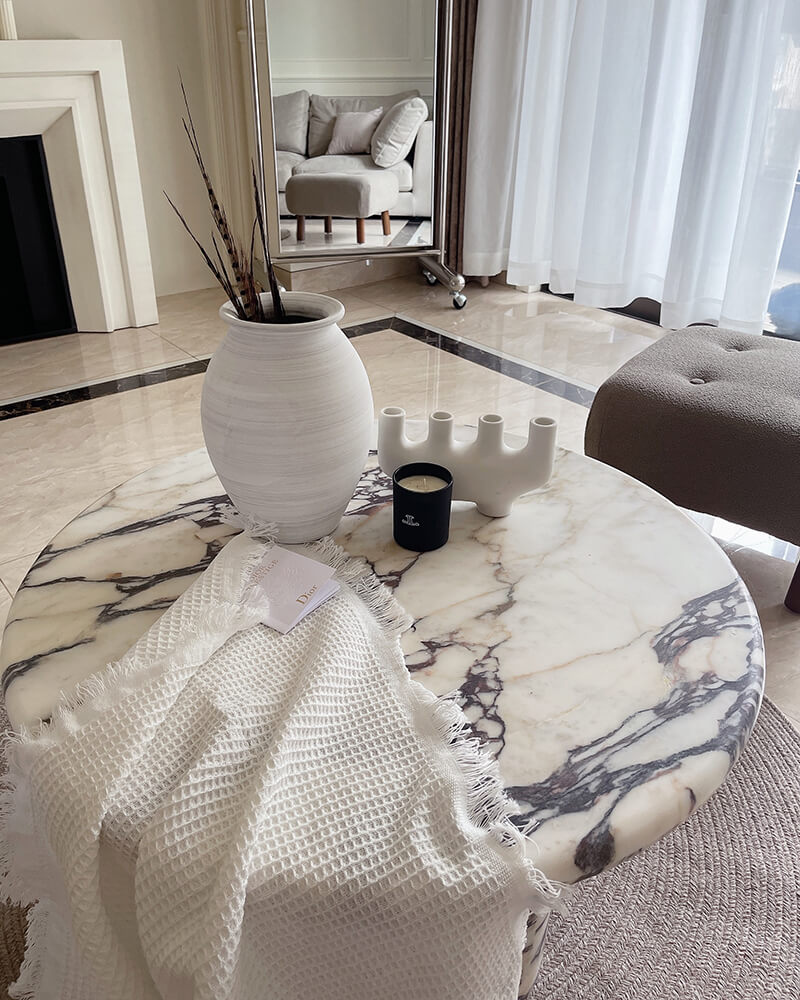 Natural Marble Round Coffee Table - Cylinder Base