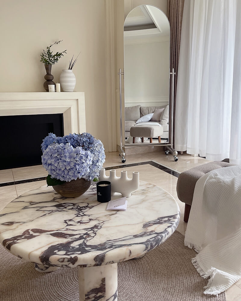 Natural Marble Round Coffee Table - Cylinder Base
