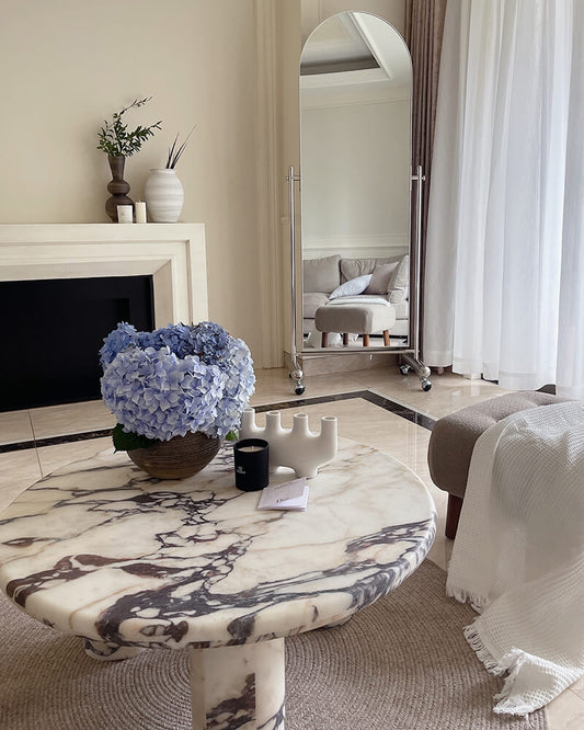 Natural Marble Round Coffee Table - Cylinder Base