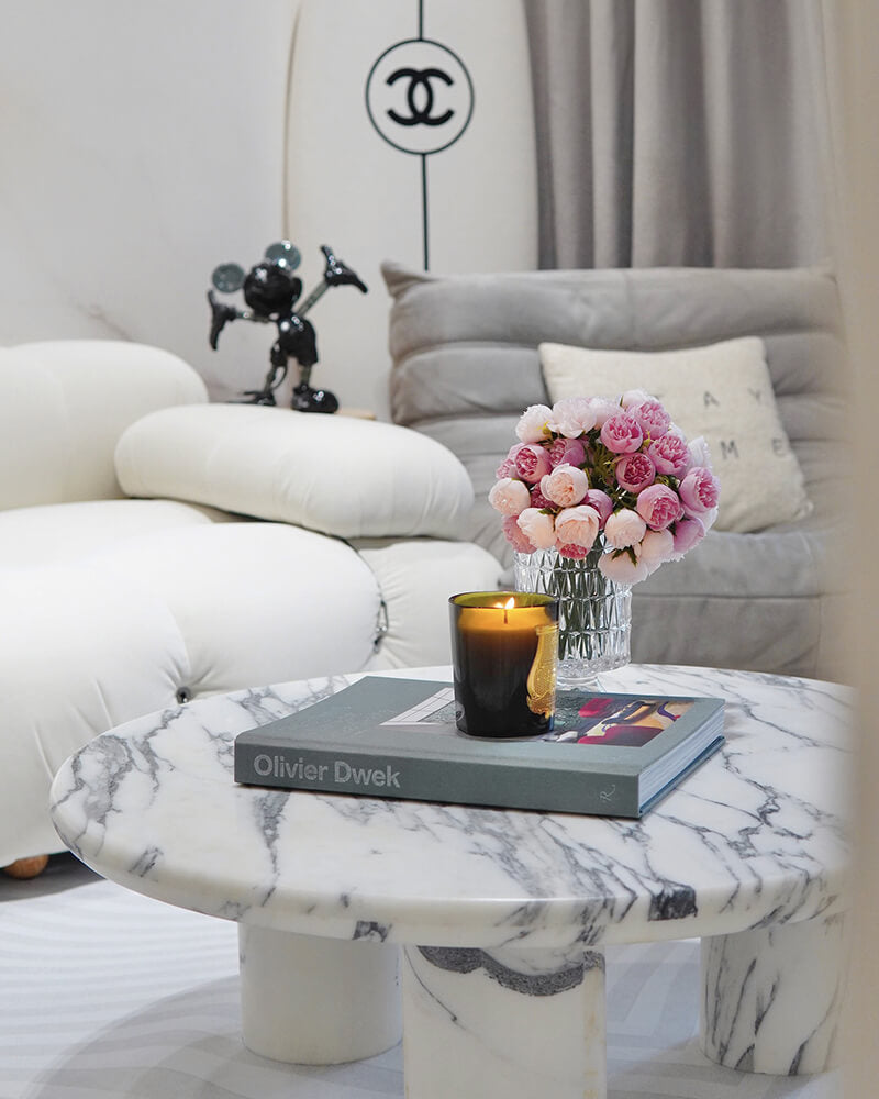 Natural Marble Round Coffee Table - Cylinder Base