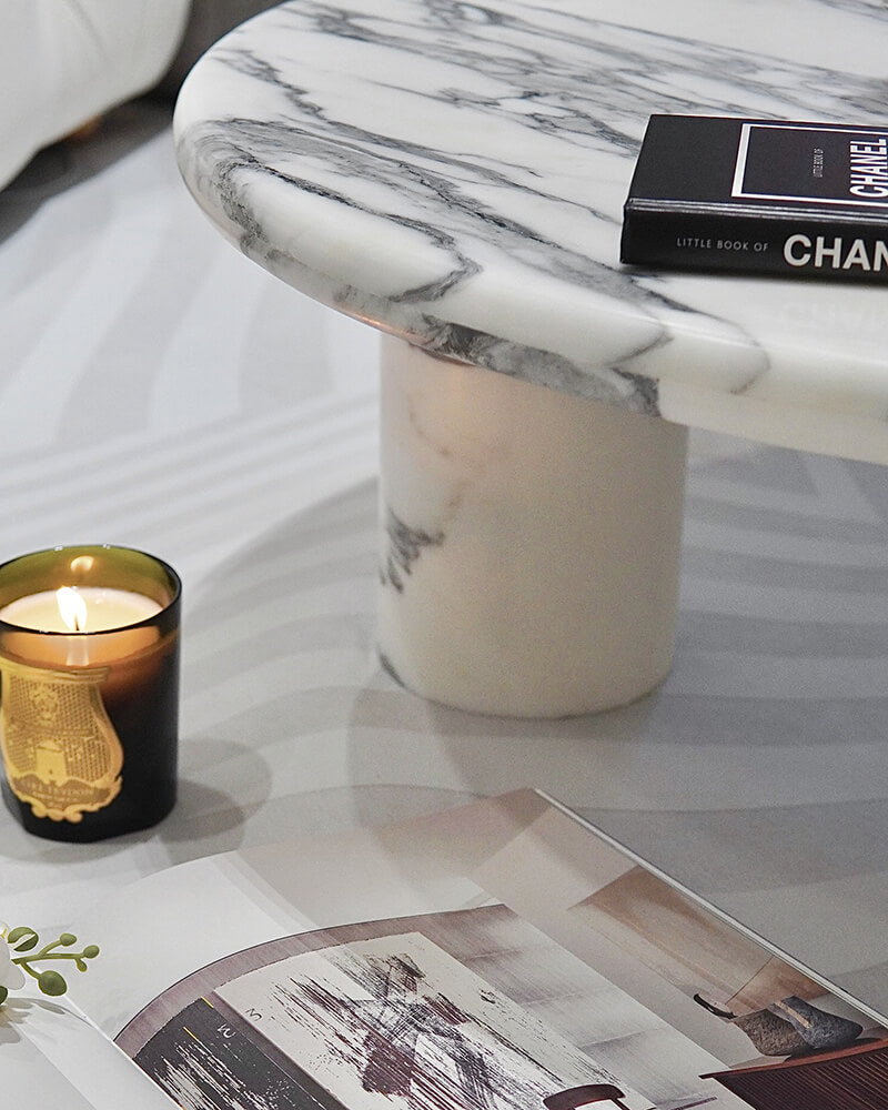 Natural Marble Round Coffee Table - Cylinder Base