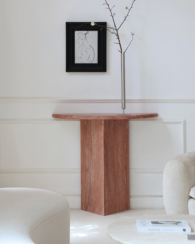 Natural Marble Travertine Triangular Sector Console Table