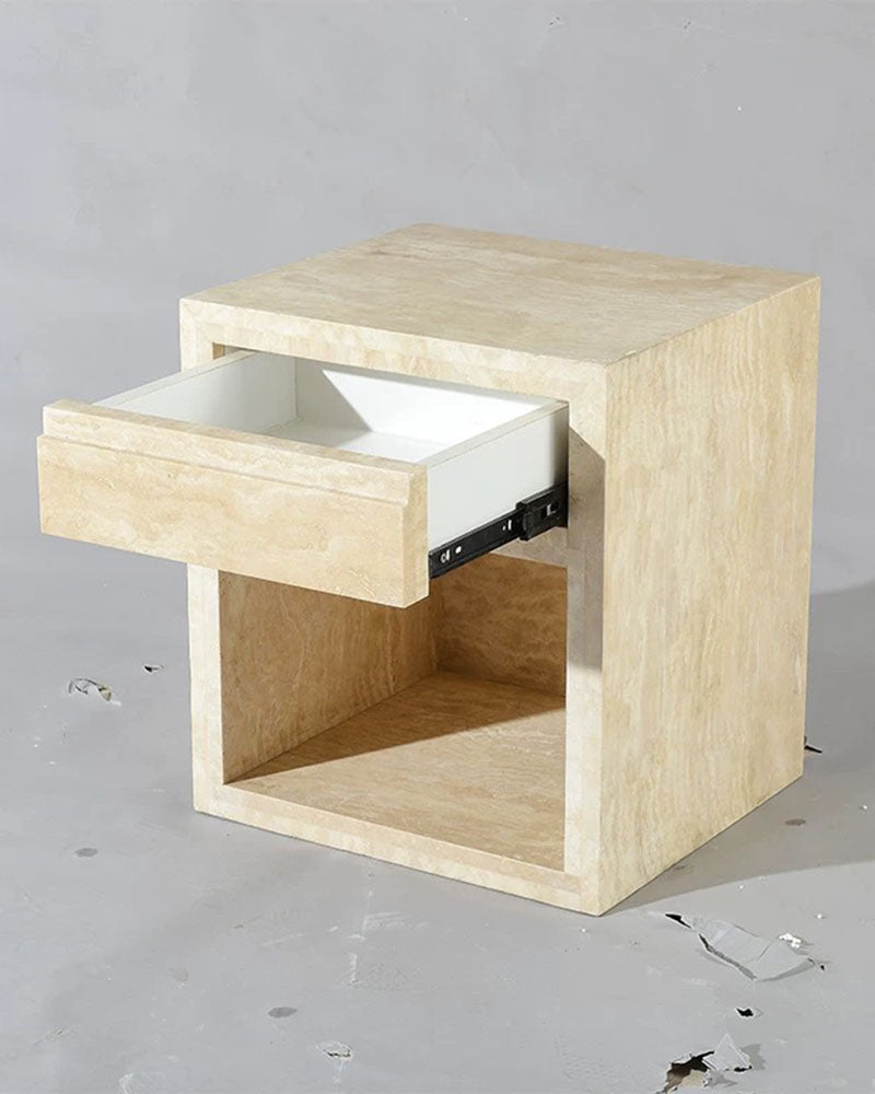 Natural Travertine Storage Side Table with Drawer