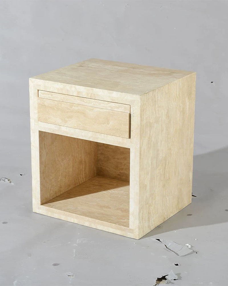 Natural Travertine Storage Side Table with Drawer