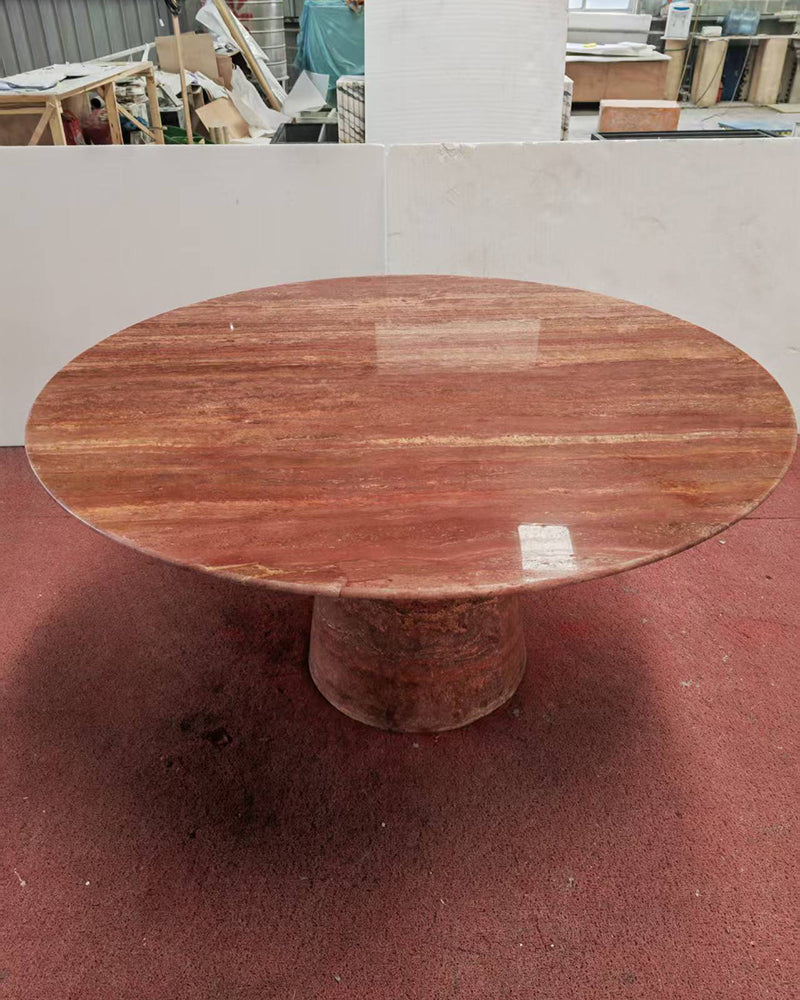 Red Travertine Round Conical Base Dining Table
