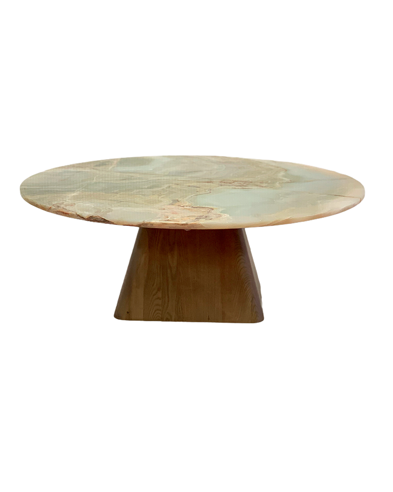 Round Green Onyx Coffee Table - Wooden Base