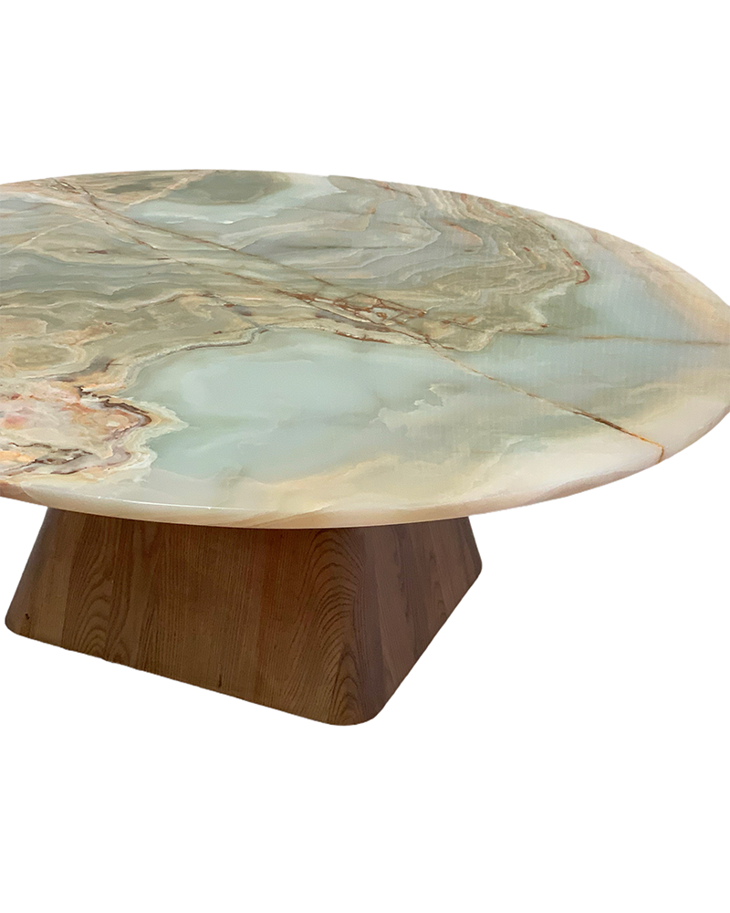 Round Green Onyx Coffee Table - Wooden Base