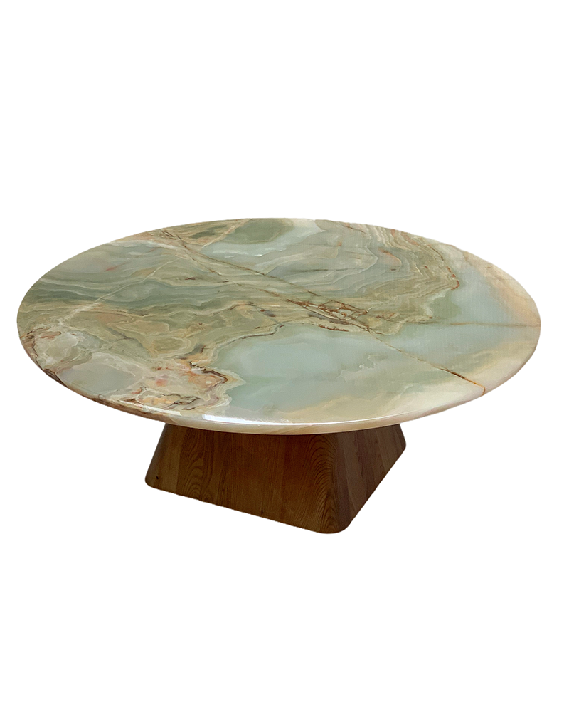 Round Green Onyx Coffee Table - Wooden Base