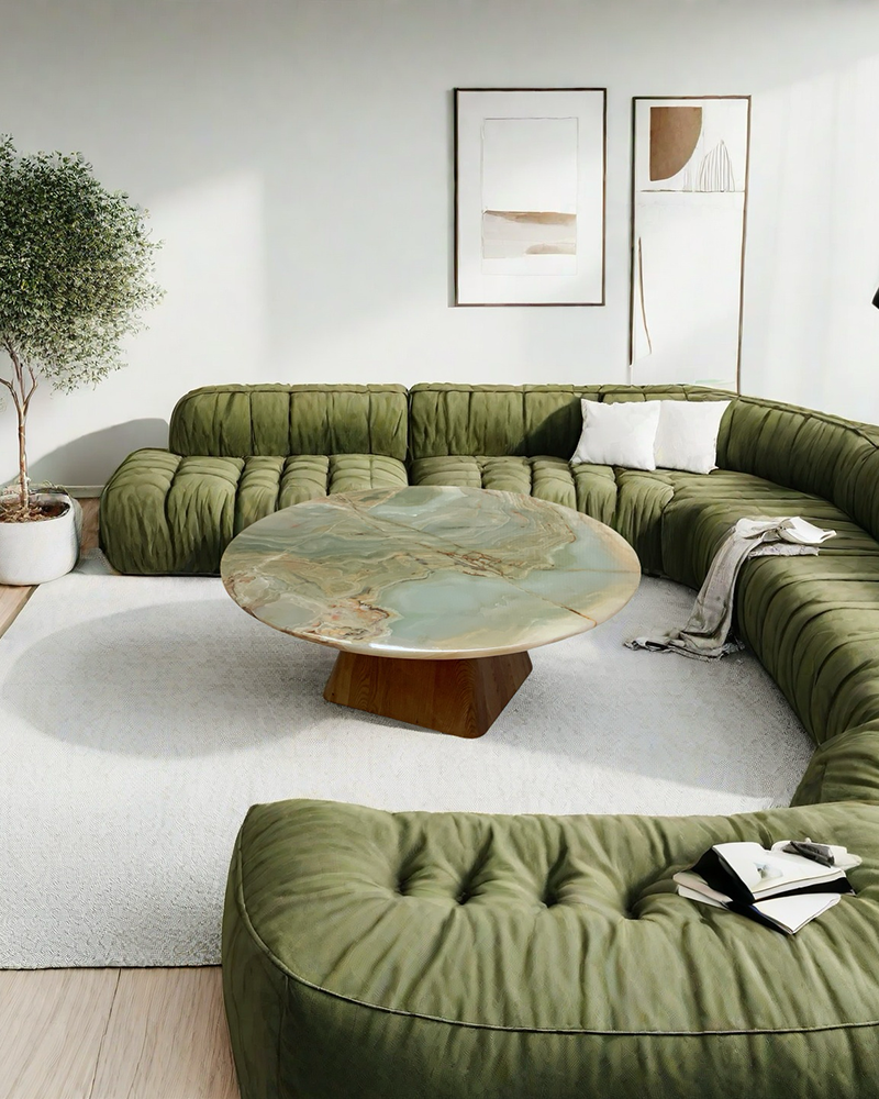 Round Green Onyx Coffee Table - Wooden Base