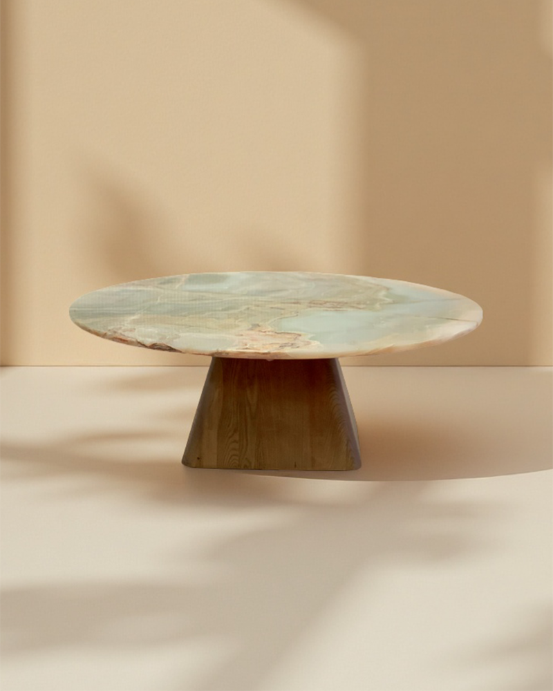 Round Green Onyx Coffee Table - Wooden Base