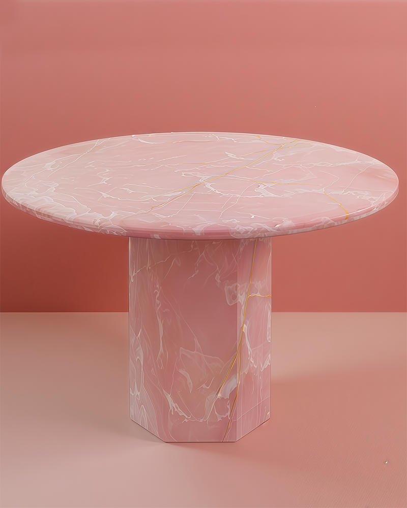 Round Pink Onyx Dining Table with Hexagon Base