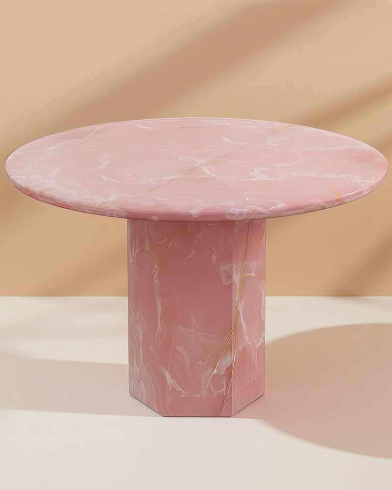 Round Pink Onyx Dining Table with Hexagon Base