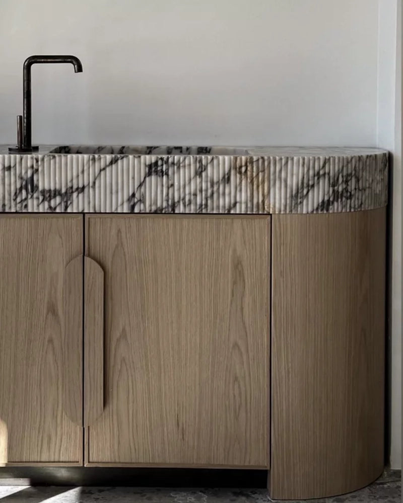 Calacatta Viola Marble Integrated Sink Vanity with Petal Edge Top & Curved Wood Cabinet 91.4×55.8×91.4cm