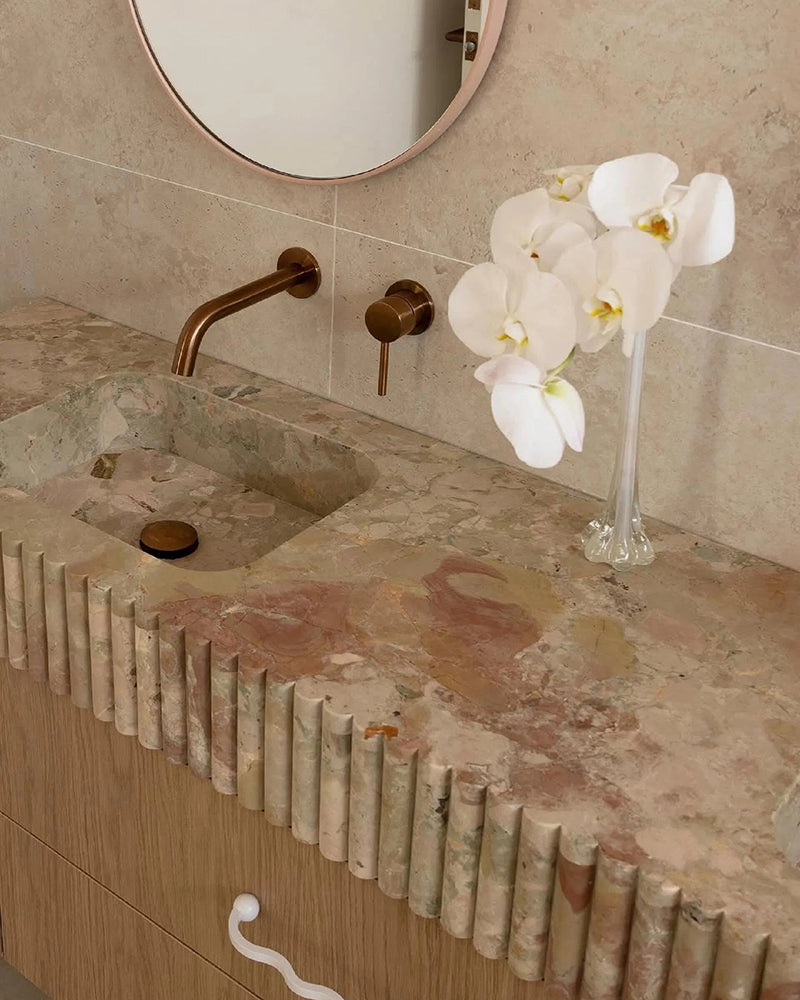 Luxury Breccia Aurora Marble Floating Double Sink Vanity with Petal Edge Countertop & Wave Handle Drawers