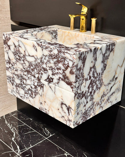 Luxury Calacatta Viola Marble Wall Mounted Bathroom Vanity with Integrated Sink and Double Storage Drawers