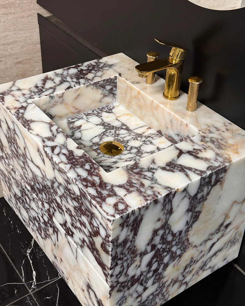 Luxury Calacatta Viola Marble Wall Mounted Bathroom Vanity with Integrated Sink and Double Storage Drawers