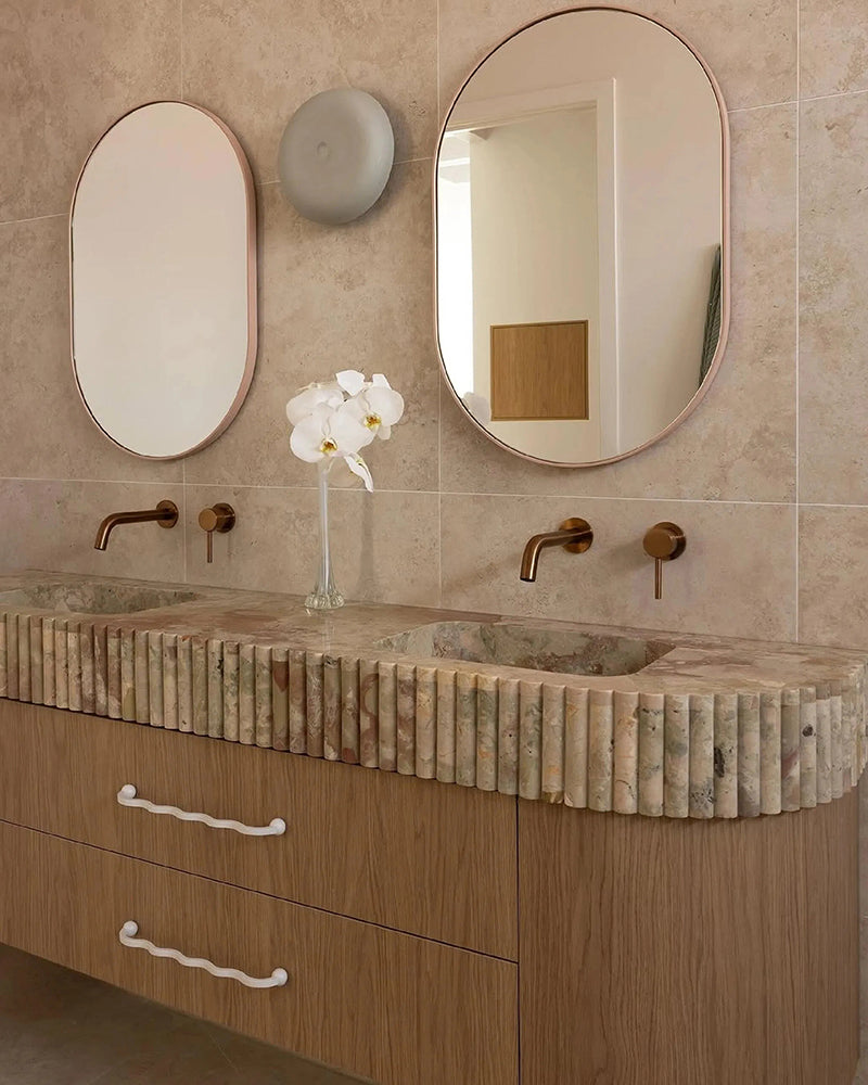 Luxury Breccia Aurora Marble Floating Double Sink Vanity with Petal Edge Countertop & Wave Handle Drawers