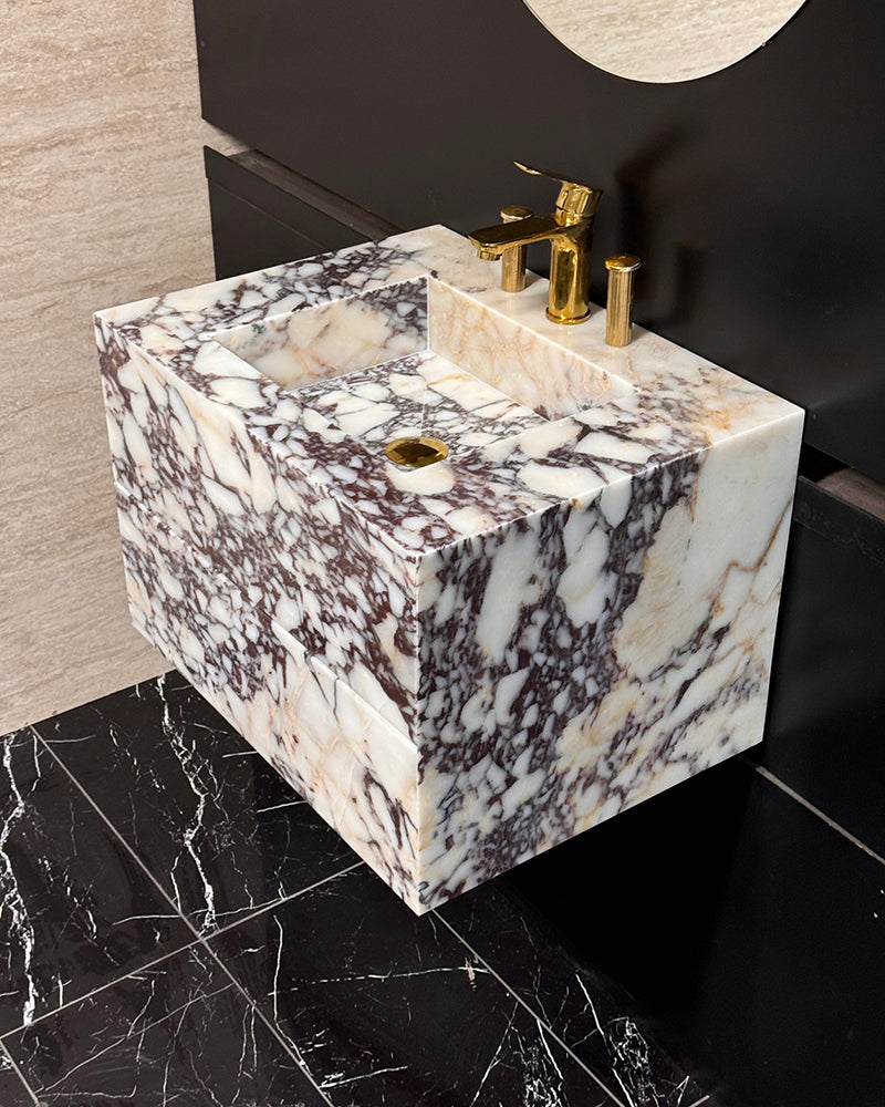 Luxury Calacatta Viola Marble Wall Mounted Bathroom Vanity with Integrated Sink and Double Storage Drawers