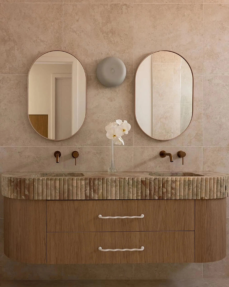 Luxury Breccia Aurora Marble Floating Double Sink Vanity with Petal Edge Countertop & Wave Handle Drawers