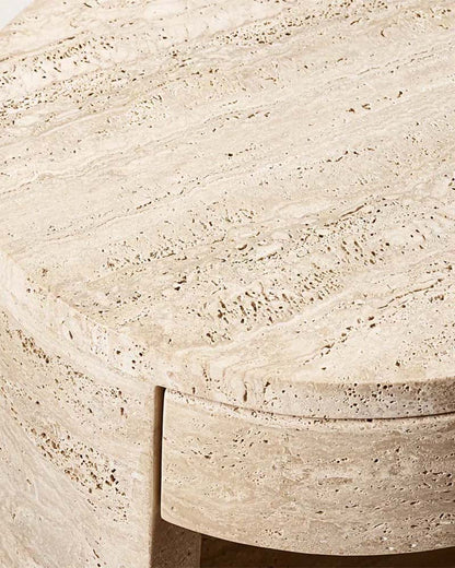 Luxury Beige Travertine Cylinder Side Table with Storage Drawer & Lower Display Shelf